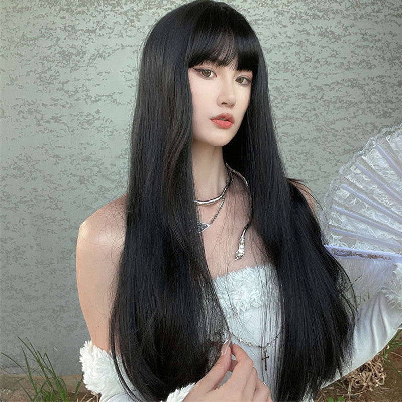 Women's Black Long Straight Wig with Cartoon Bangs