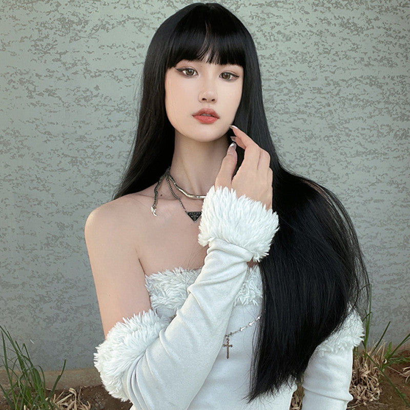 Women's Black Long Straight Wig with Cartoon Bangs