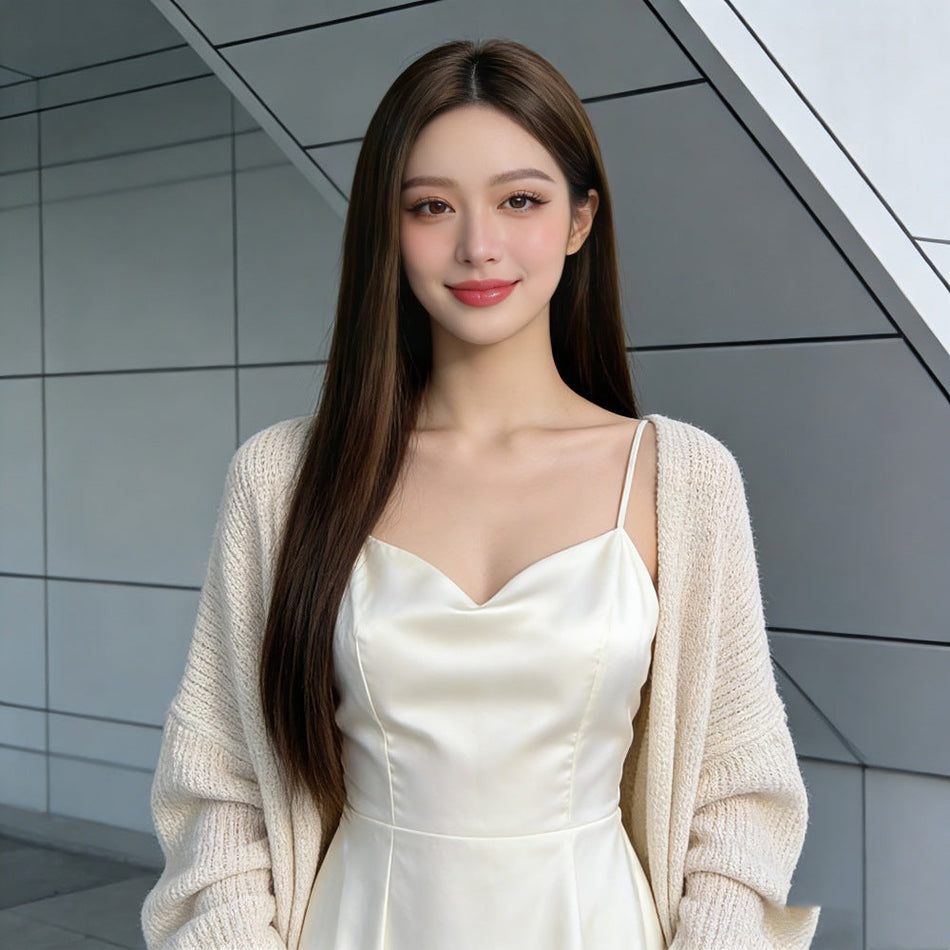 Women's Brown Long Straight Wig with Middle Part Bangs