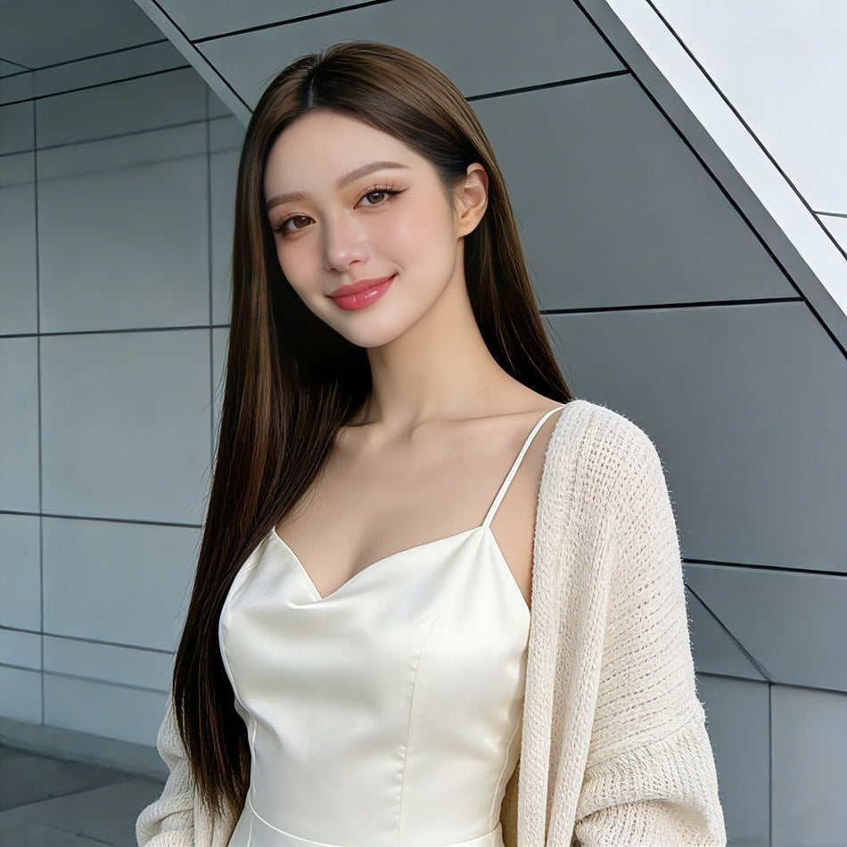 Women's Brown Long Straight Wig with Middle Part Bangs
