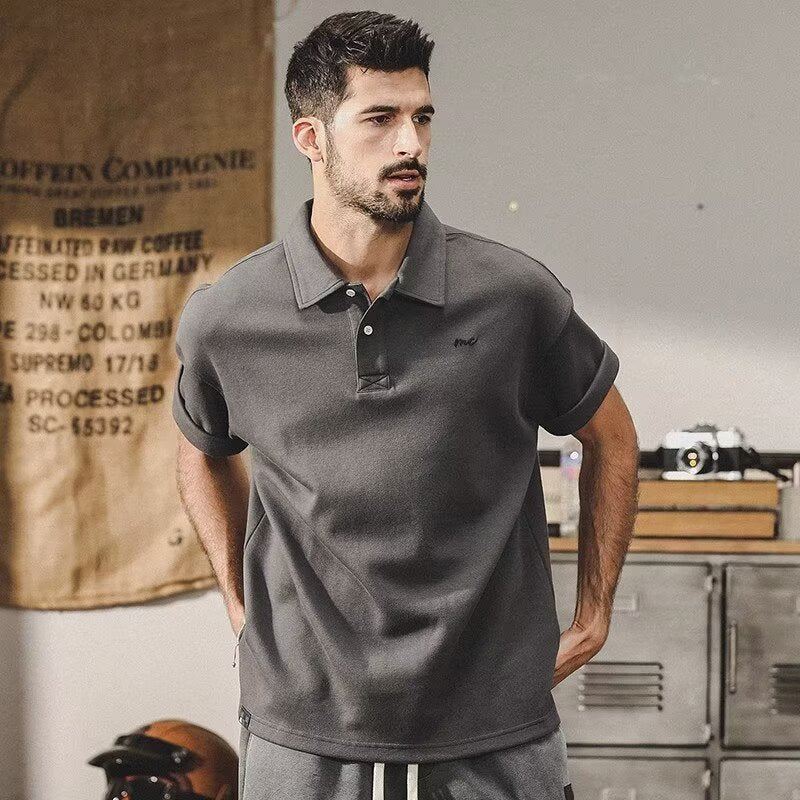 Men's Heavyweight Retro Polo Shirt Loose Fit Short Sleeve Top