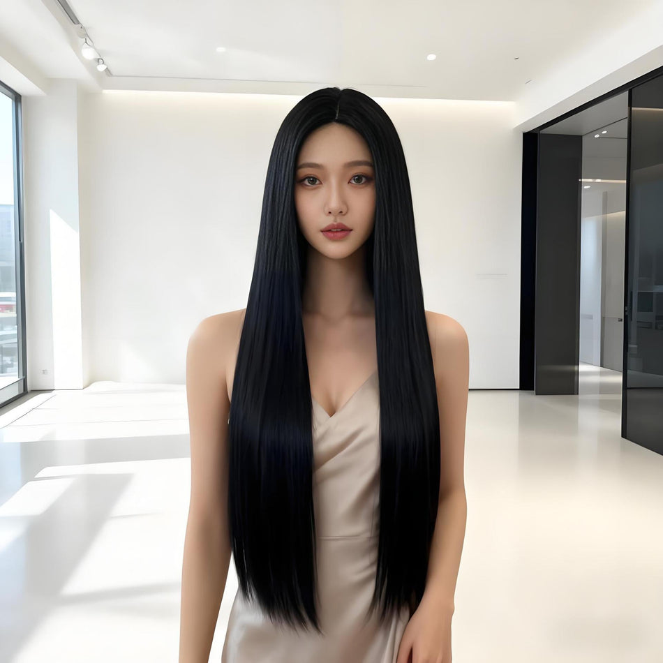 Women's Black Long Straight Wig with Middle Part Full Coverage