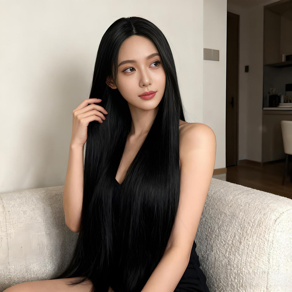 Women's Black Long Straight Wig with Middle Part Full Coverage