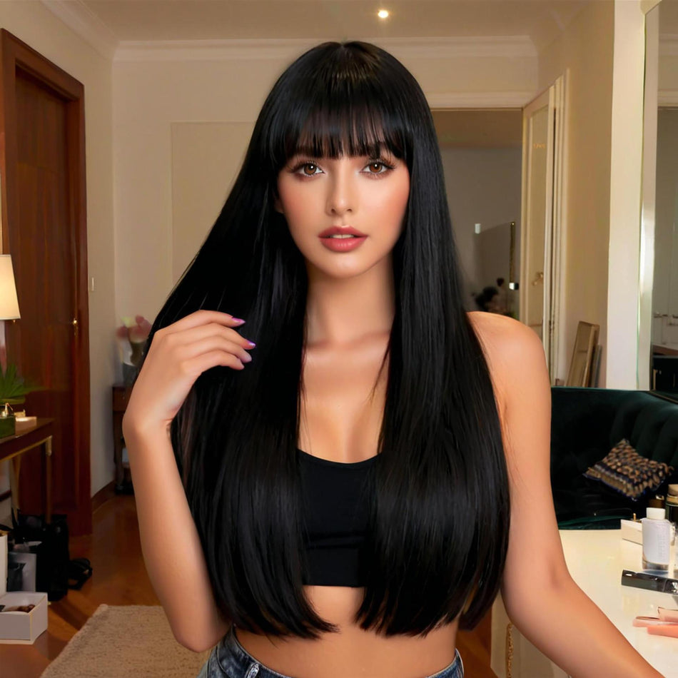 Women's Black Long Straight Wig with Bangs Full Coverage
