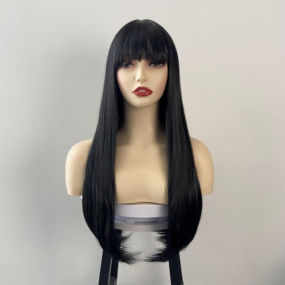 Women's Black Long Straight Wig with Bangs Full Coverage