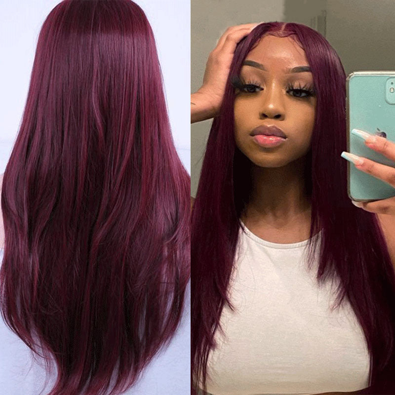 Women's Wine Red Long Straight Wig Full Head Coverage