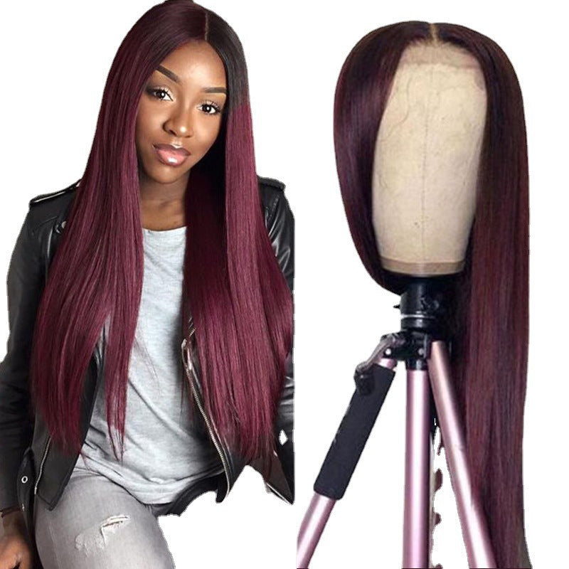 Women's Wine Red Long Straight Wig Full Head Coverage