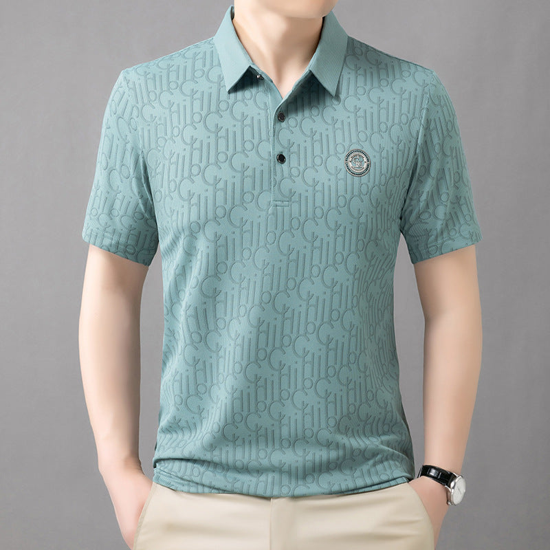 Men's Waffle Knit Polo Shirt Breathable Printed Short Sleeve