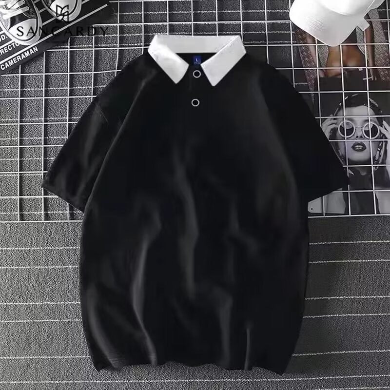 Unisex Color Block Polo Shirt Loose Fit Short Sleeve Lapel Top