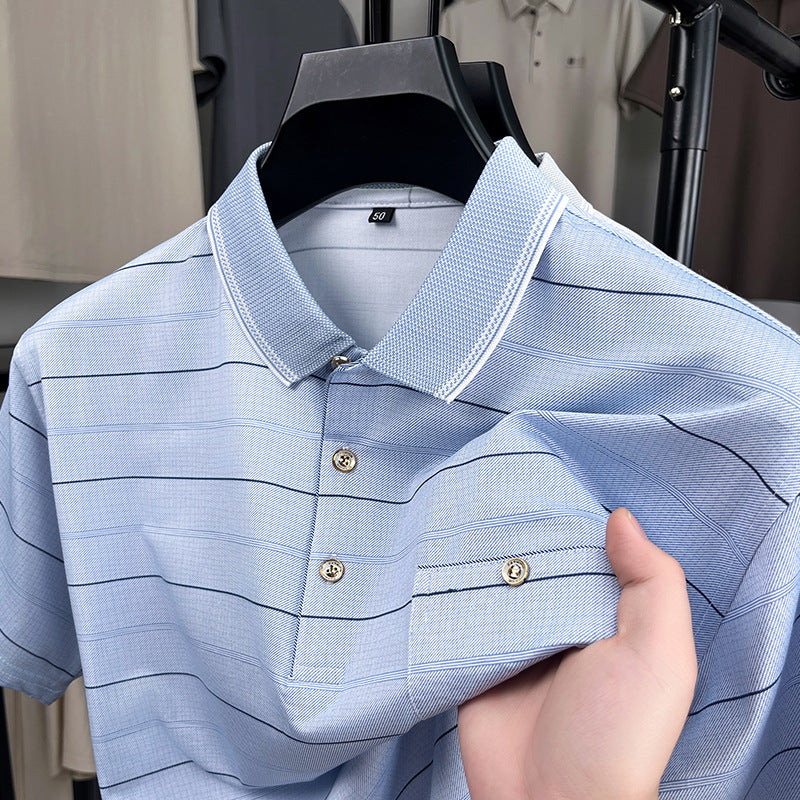 Men's Ice Silk Striped T-Shirt Short Sleeve Casual Summer Top
