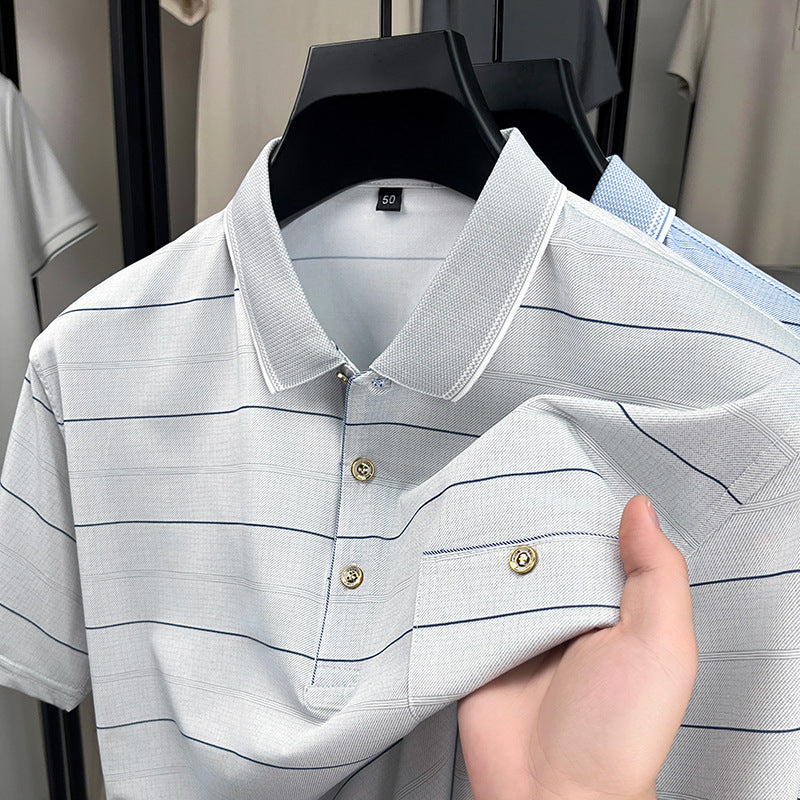 Men's Ice Silk Striped T-Shirt Short Sleeve Casual Summer Top