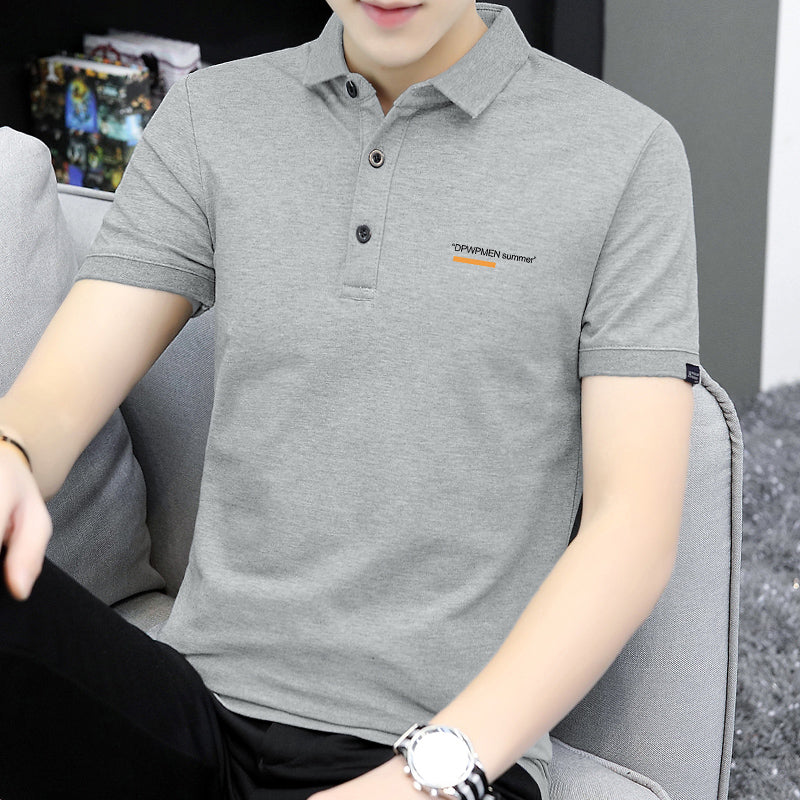 Men's Gray Printed Polo Shirt Short Sleeve Business Casual Top