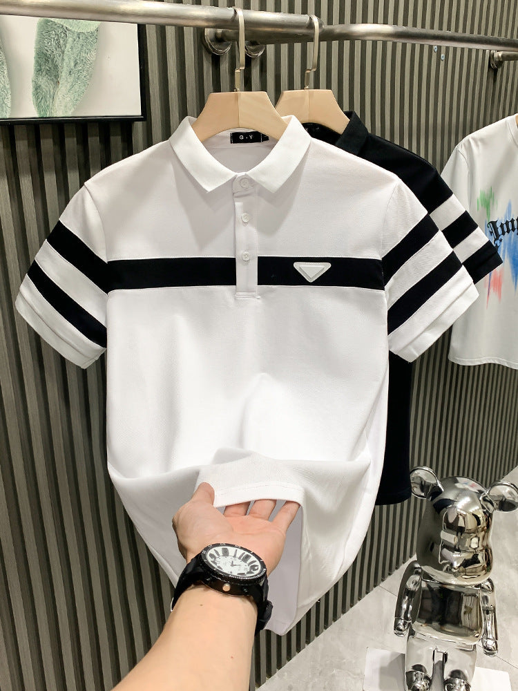 Men's Patchwork Striped Polo Shirt Slim Fit Short Sleeve Top