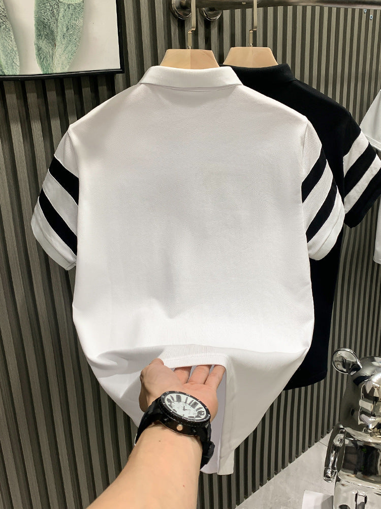 Men's Patchwork Striped Polo Shirt Slim Fit Short Sleeve Top