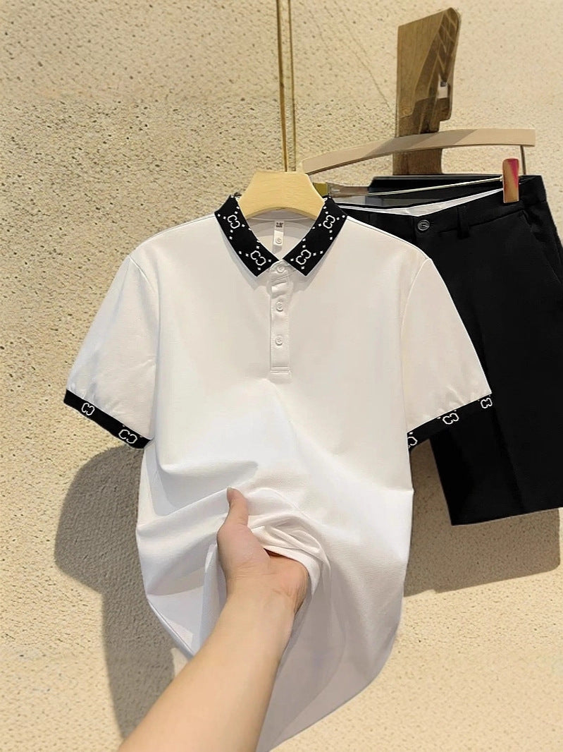 Men's Jacquard Polo Shirt Solid Color Short Sleeve Lapel Top