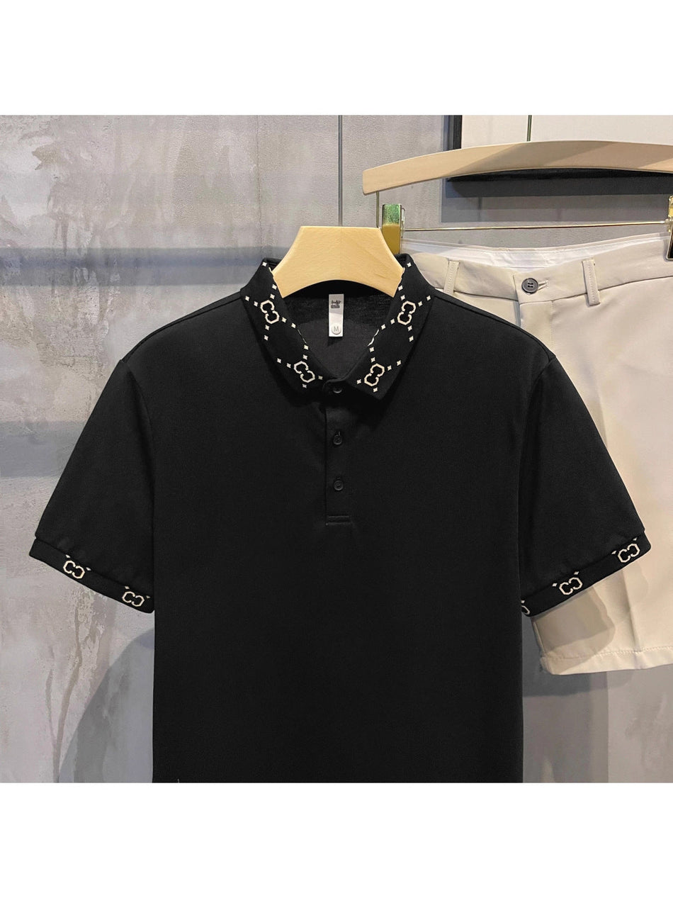 Men's Jacquard Polo Shirt Solid Color Short Sleeve Lapel Top