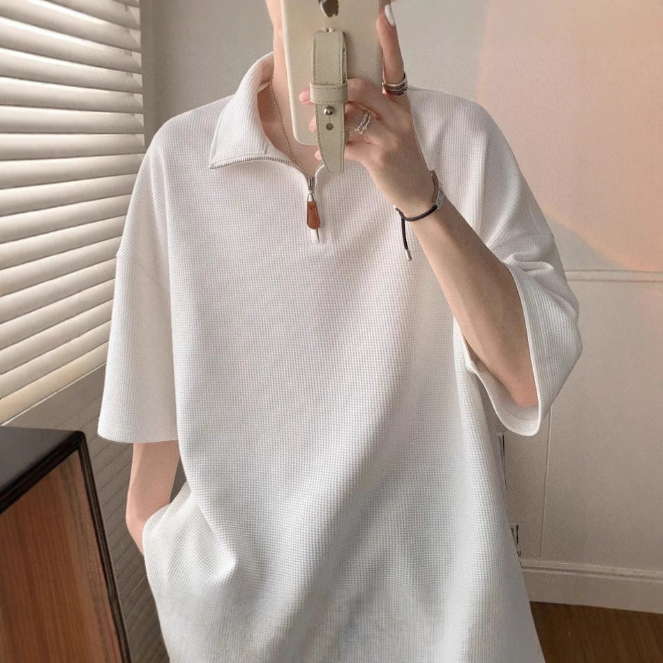 Men's Waffle Half Zip Polo Shirt Loose Fit Short Sleeve Top
