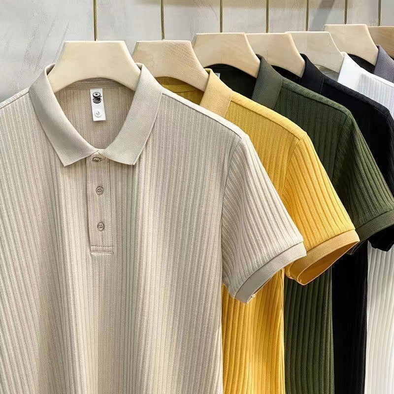 Men's Ribbed Knit Polo Shirt Slim Fit Short Sleeve Top