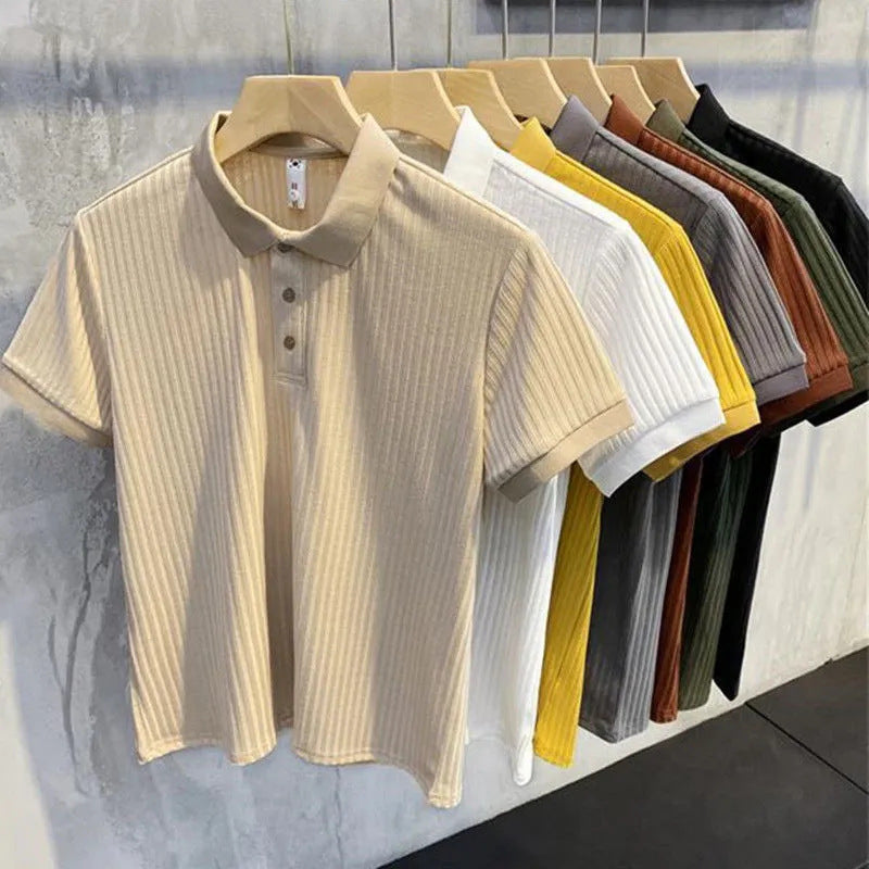 Men's Ribbed Knit Polo Shirt Slim Fit Short Sleeve Top