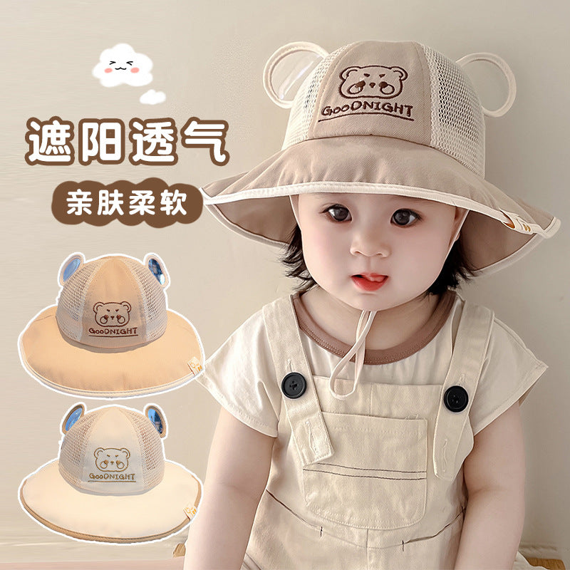 Kids' Bear Fisherman Sun Hat with Wide Brim and Mesh Design