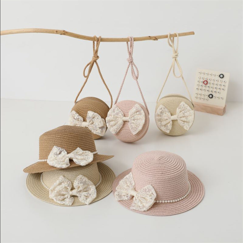Girls' Pearl Bow Straw Sun Hat with Matching Bag Set