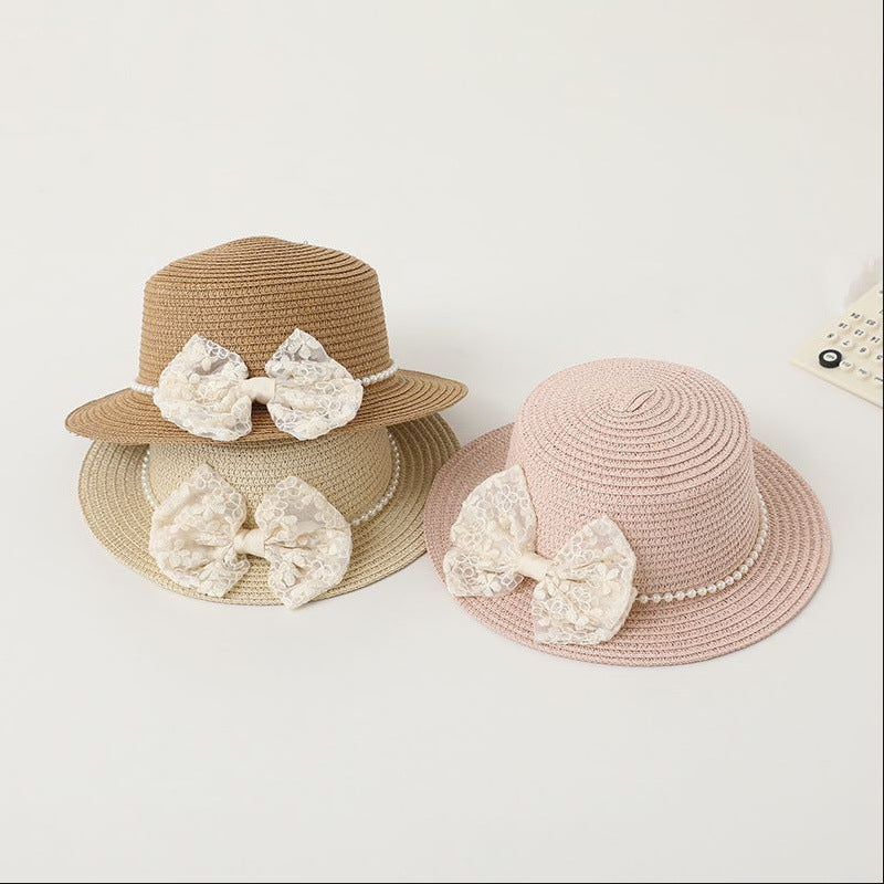Girls' Pearl Bow Straw Sun Hat with Matching Bag Set