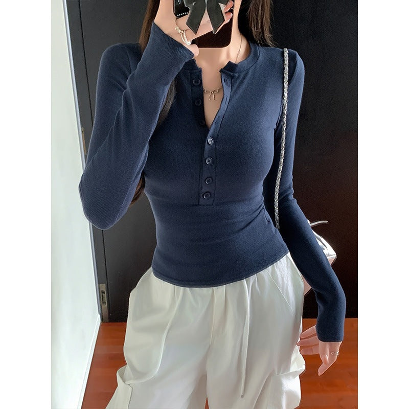 Women's Slim Fit Button Detail Long Sleeve Round Neck T-Shirt