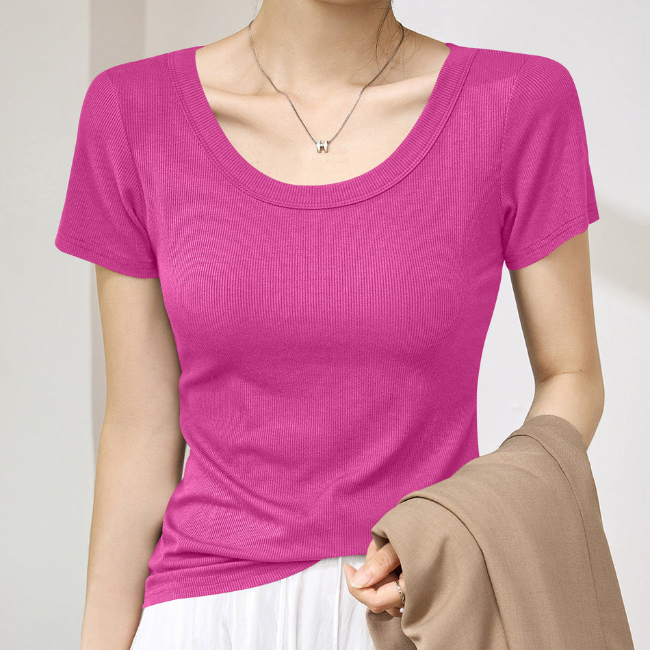 Women's Slim Fit Round Neck Short Sleeve Solid Color T-Shirt