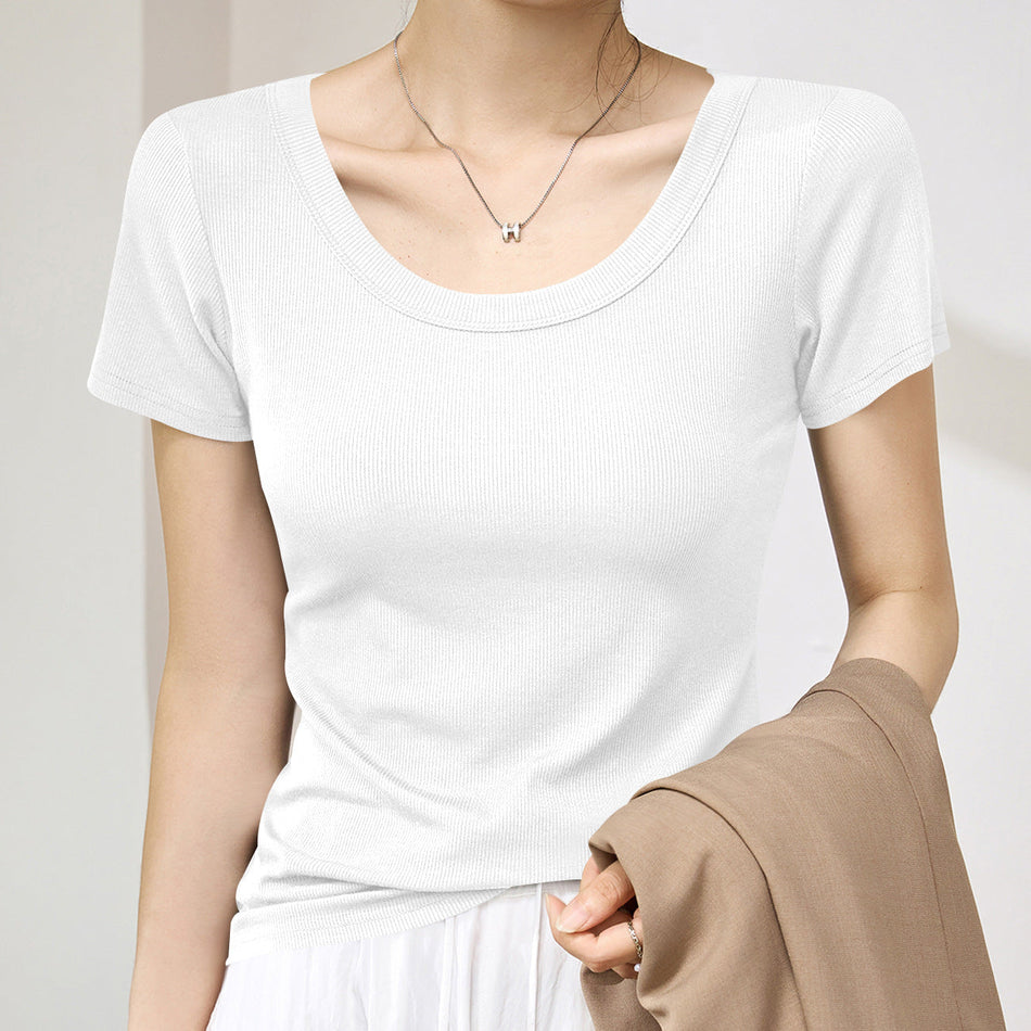 Women's Slim Fit Round Neck Short Sleeve Solid Color T-Shirt