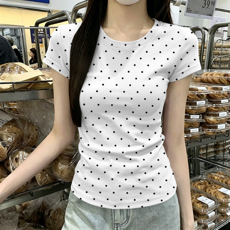 Women's Polka Dot Print Slim Fit Round Neck T-Shirt