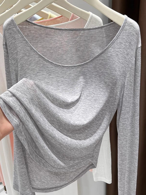 Women's Off Shoulder Long Sleeve Lightweight Solid Color T-Shirt