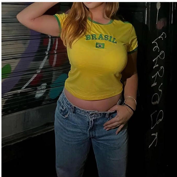 Women's Cotton Blend Embroidered Round Neck Casual T-Shirt