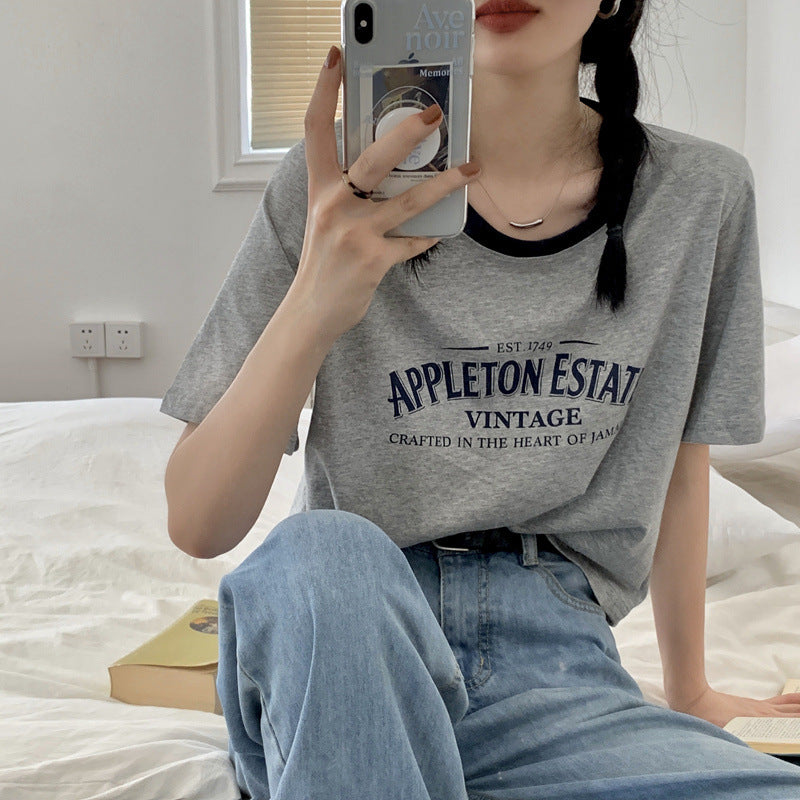 Women's Letter Print Color Block Loose Fit Crew Neck T-Shirt