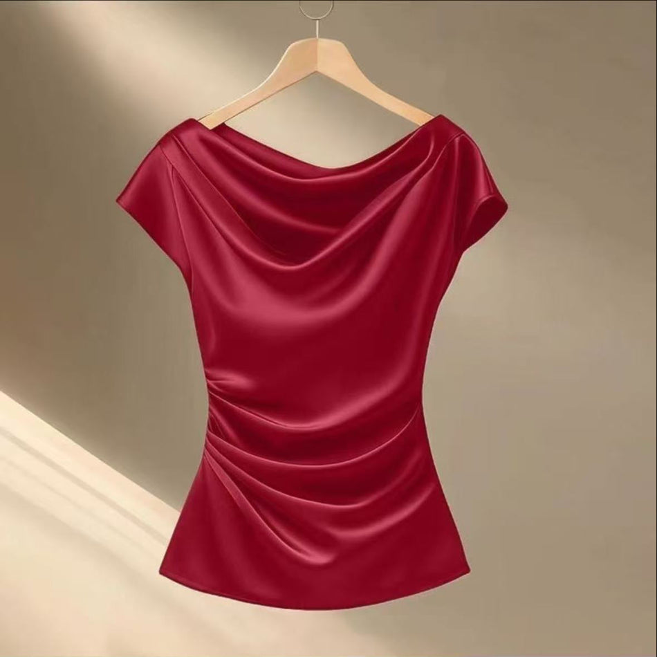 Women's Silk Blend Loose Fit Short Sleeve Satin Style Top
