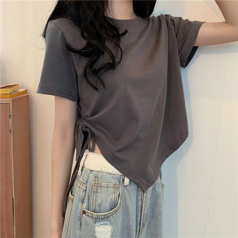 Women's Irregular Drawstring Short Sleeve Crop T-Shirt