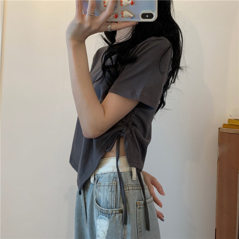 Women's Irregular Drawstring Short Sleeve Crop T-Shirt