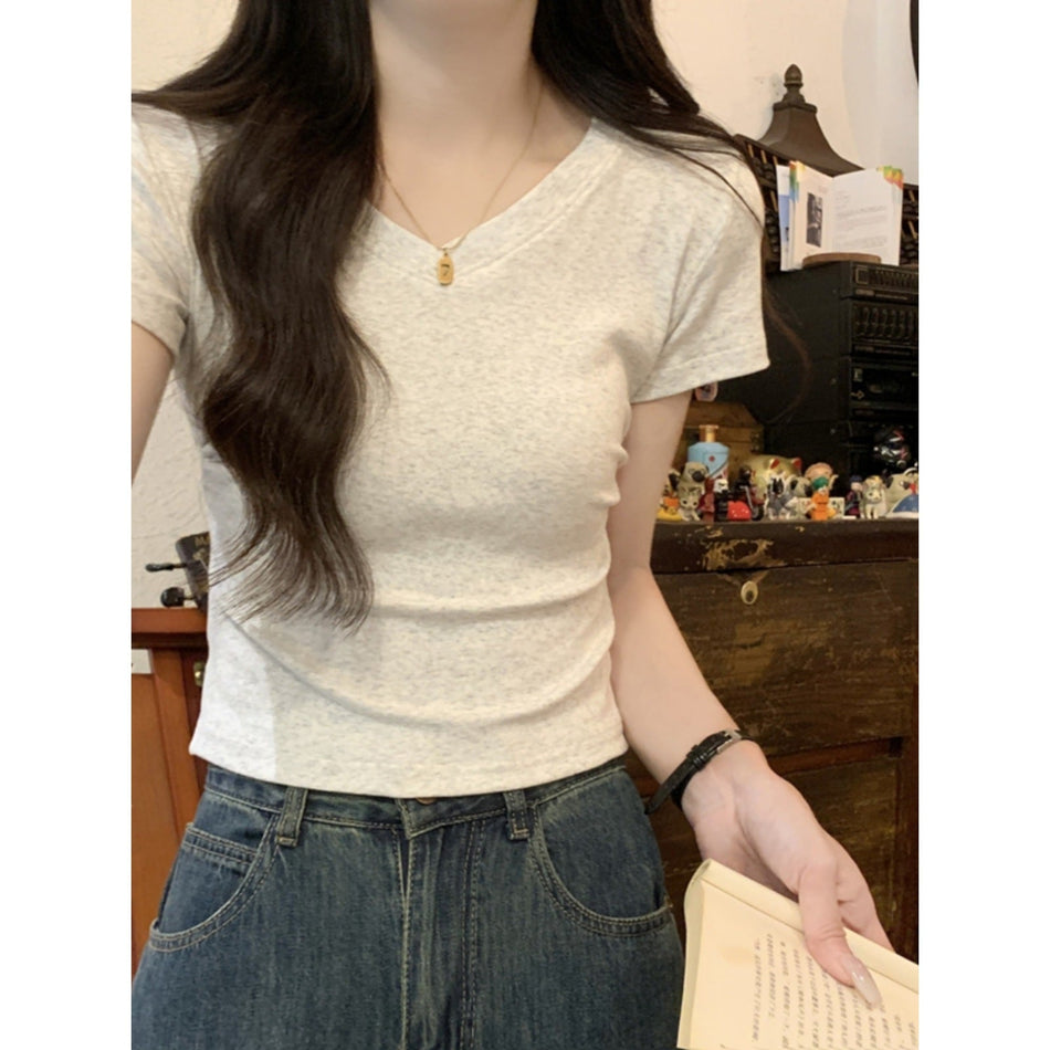 Women's V-Neck Slim Fit Short Sleeve T-Shirt in Solid Colors