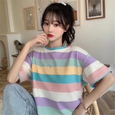 Rainbow Striped Women's Loose Fit Round Neck Casual T-Shirt