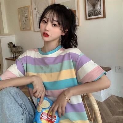 Rainbow Striped Women's Loose Fit Round Neck Casual T-Shirt