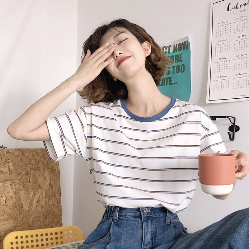 Short Sleeve Striped Women's T-Shirt with Relaxed Round Neck Fit