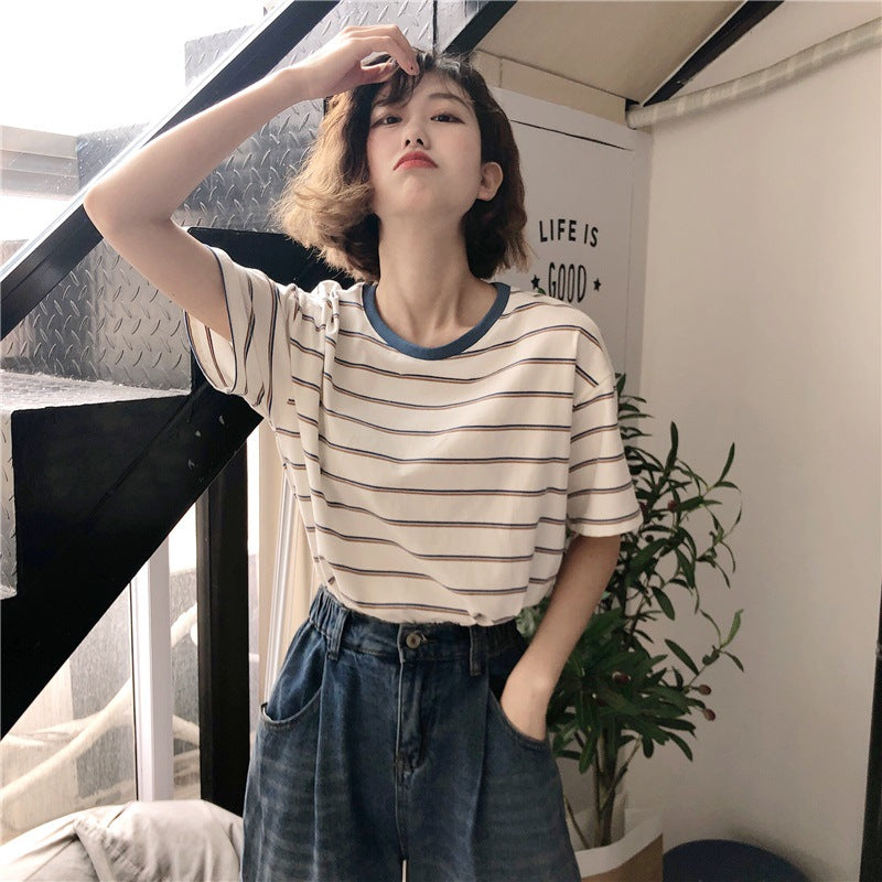 Short Sleeve Striped Women's T-Shirt with Relaxed Round Neck Fit