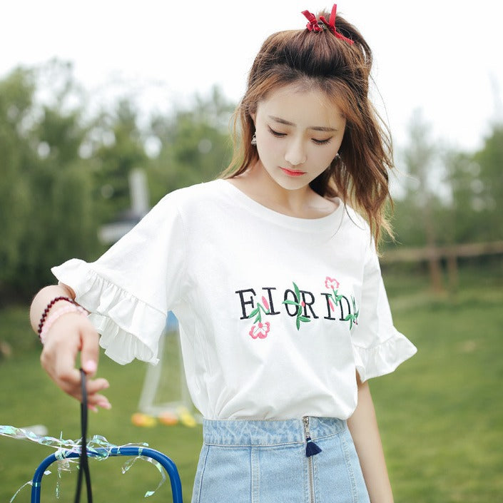 Women's Floral Embroidered Ruffle Sleeve Loose Fit T-Shirt