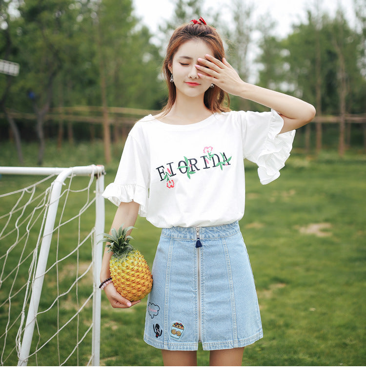 Women's Floral Embroidered Ruffle Sleeve Loose Fit T-Shirt