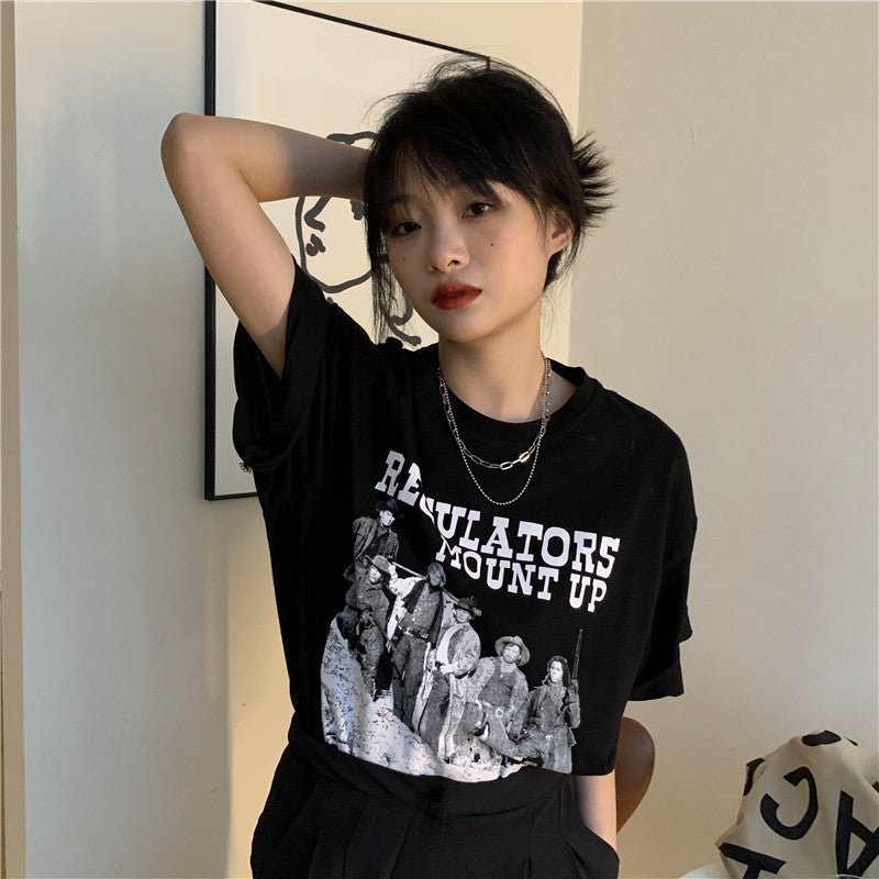 Women's Retro Print Loose Fit Round Neck Short Sleeve T-Shirt