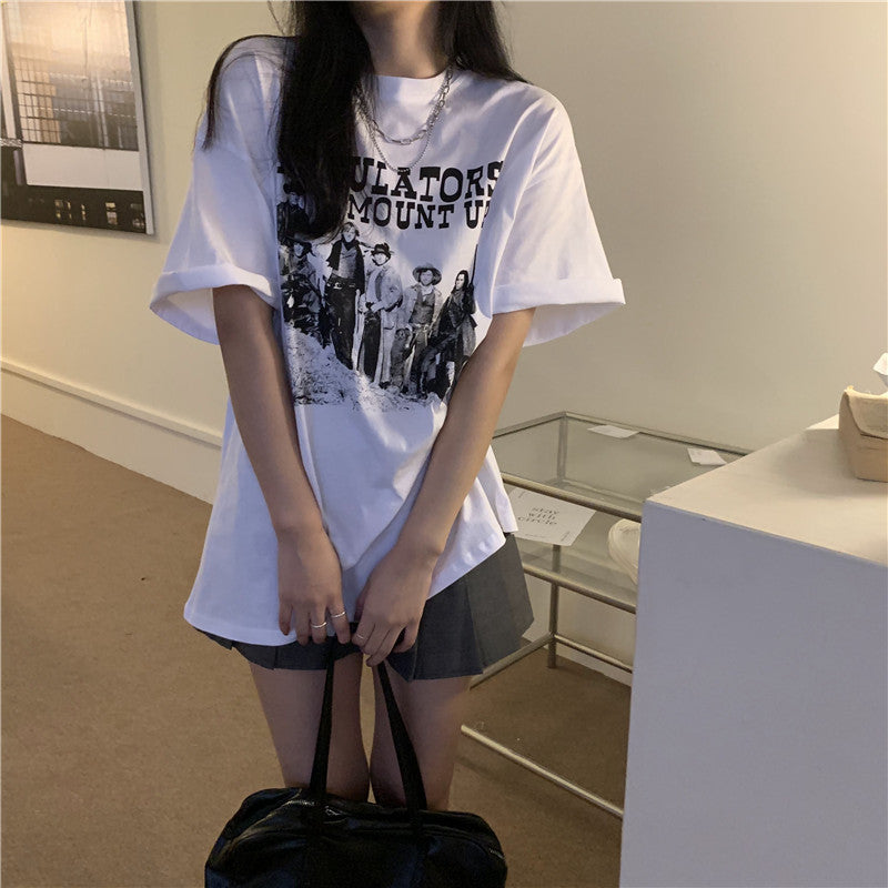 Women's Retro Print Loose Fit Round Neck Short Sleeve T-Shirt