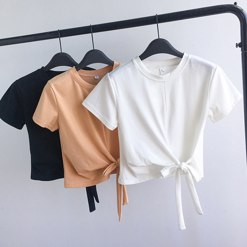 Women's Tie Front Cropped Slim Fit Short Sleeve T-Shirt