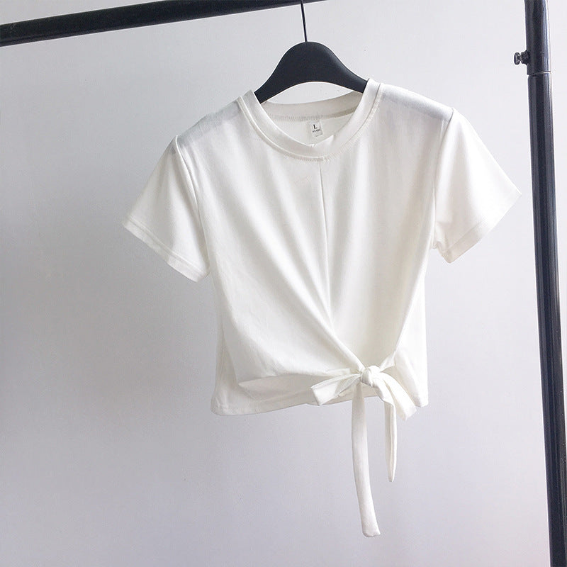 Women's Tie Front Cropped Slim Fit Short Sleeve T-Shirt