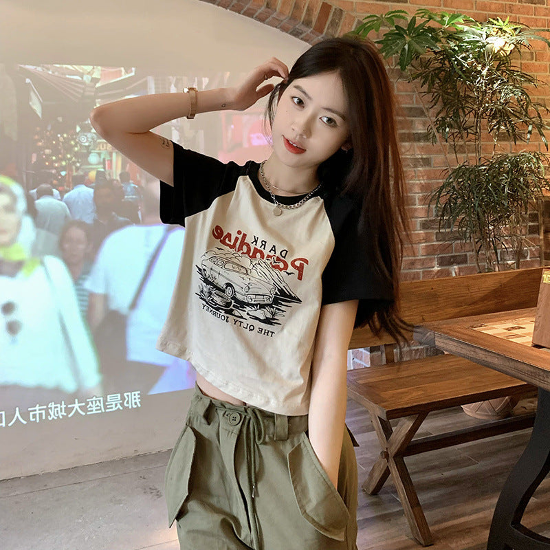 Women's Retro Print Slim Fit Short Sleeve Cropped T-Shirt