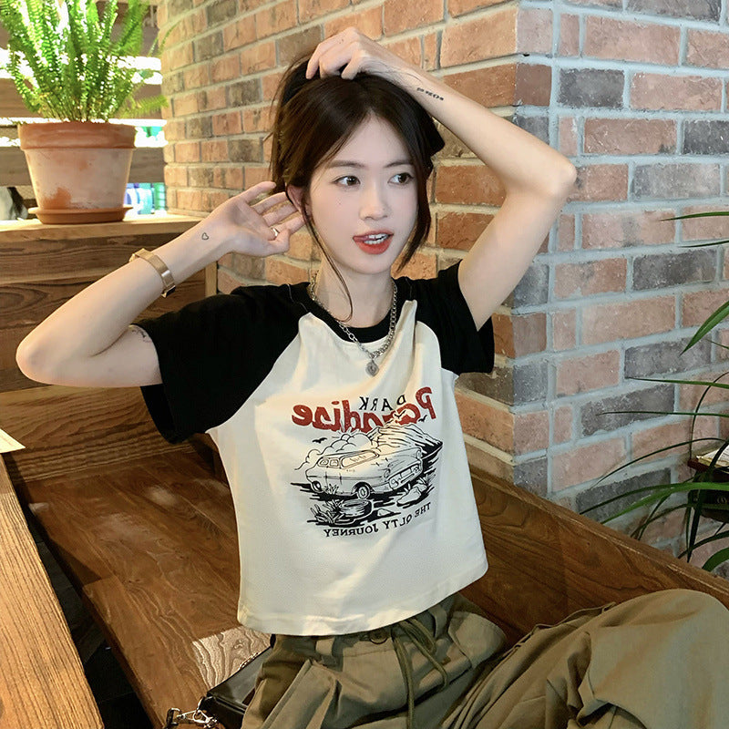 Women's Retro Print Slim Fit Short Sleeve Cropped T-Shirt