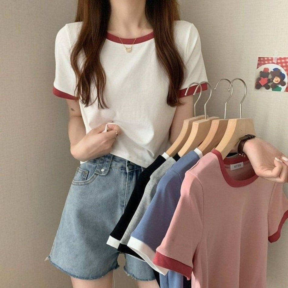 Women's Contrast Trim Slim Fit Crew Neck Short Sleeve T-Shirt